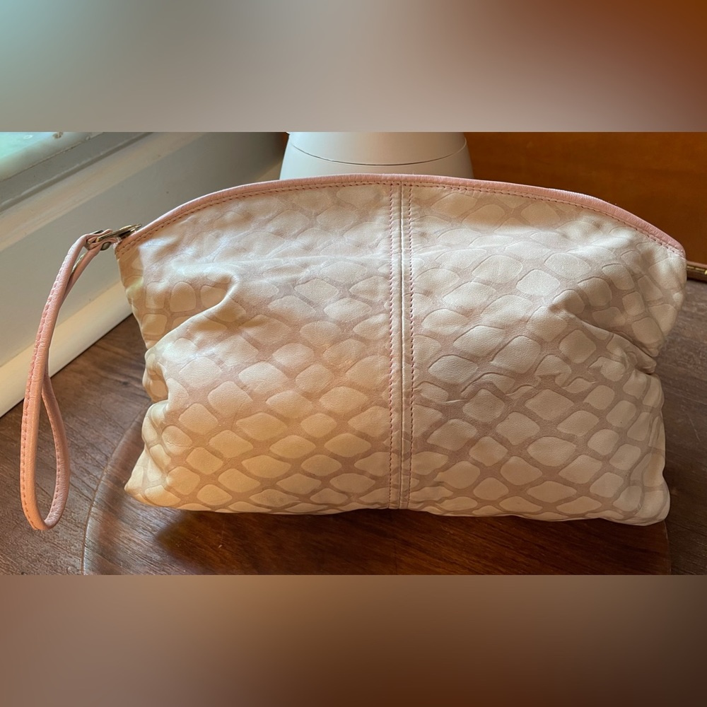 Sven Designs pink and cream vintage leather toiletry makeup bag wristlet